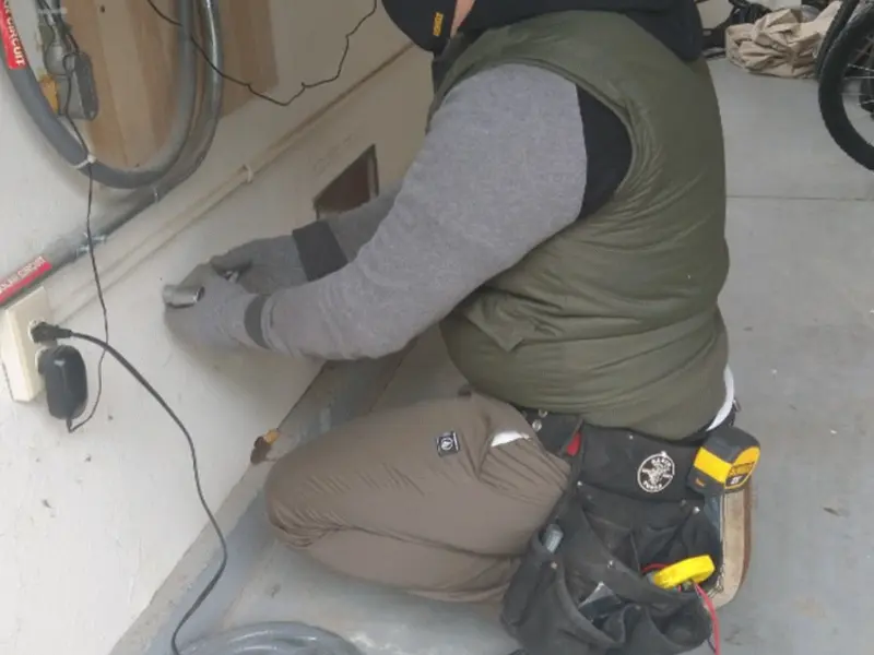 Electrician performing outlet wiring in a Quincy garage